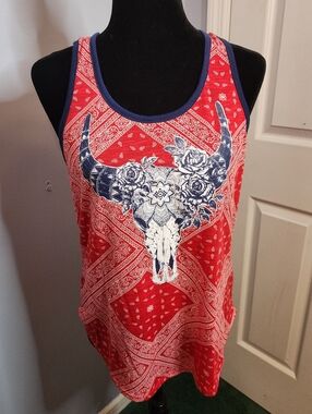 No Boundaries Red Tank Top with Navy Skull & Floral Graphic Size Large(11-13)